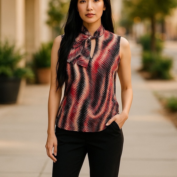 Black Label Evan-Picone Tops - BLACK LABEL EVAN -PICONE SLEEVELESS V-NECK TIE SASH BUSINESS DRESSY BLOUSE SZ M